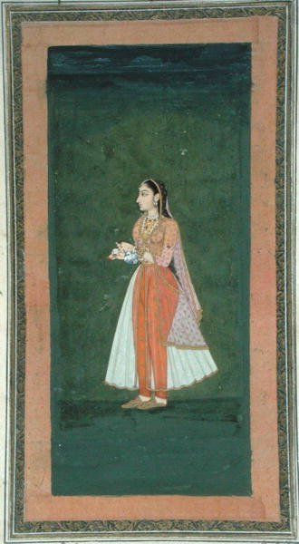 Nainen pitelee viinipulloa ja kuppia, Small Clive Albumista (läpinäkymätön akvarelli paperille) tekijältä Mughal School