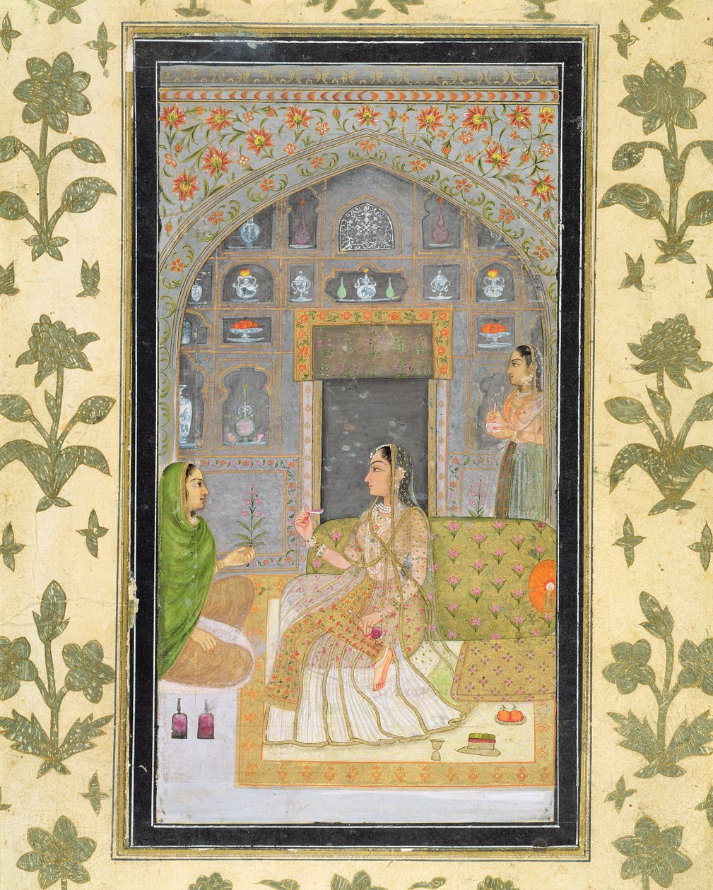 Nainen istuu paviljongissa avustajien kanssa, Small Clive Albumista (läpinäkymätön wc paperilla) tekijältä Mughal School
