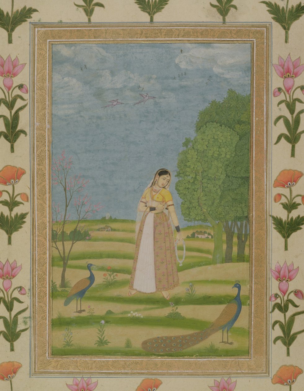 Nainen riikinkukkojen kanssa, Small Clive Albumista (läpinäkymätön wc paperilla) tekijältä Mughal School