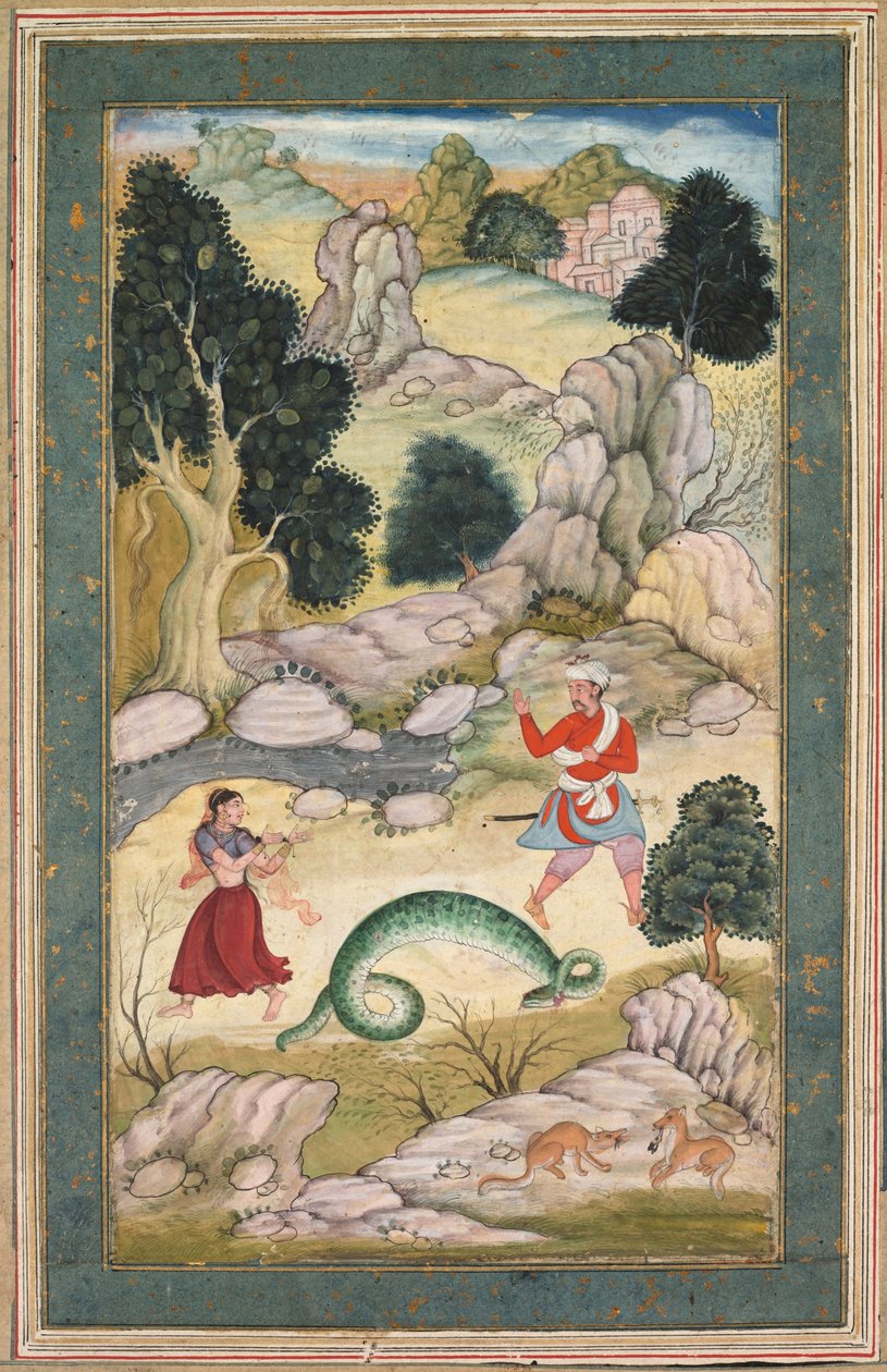 Rakastavaiset eroavat, sivu satukirjasta, n. 1590-95 (peittävä akvarelli kullanvärillä paperille). tekijältä Mughal School