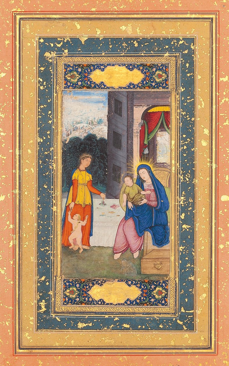 Madonna ja lapsi, jossa Elizabeth ja Johannes Kastaja vierailivat, Mughal Intia, n. 1610 tekijältä Mughal School