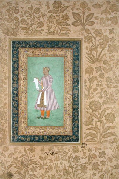 Muotokuva Murtaza Khanista pitelemässä kirjakääröä, n. 1610 (guassi pergamentilla) tekijältä Mughal School