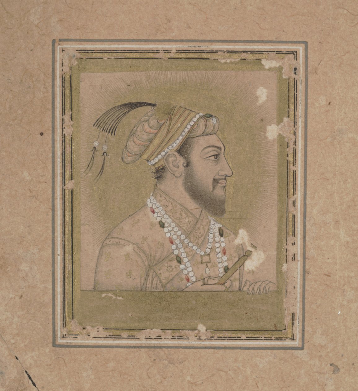 Shah Jehanin muotokuva, noin 1600-luku (muste akvarelleilla ja kullalla) tekijältä Mughal School