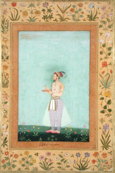 Prinssi Dara Shikuh pitelee jalokivitarjotinta Minto-albumista tekijältä Mughal School