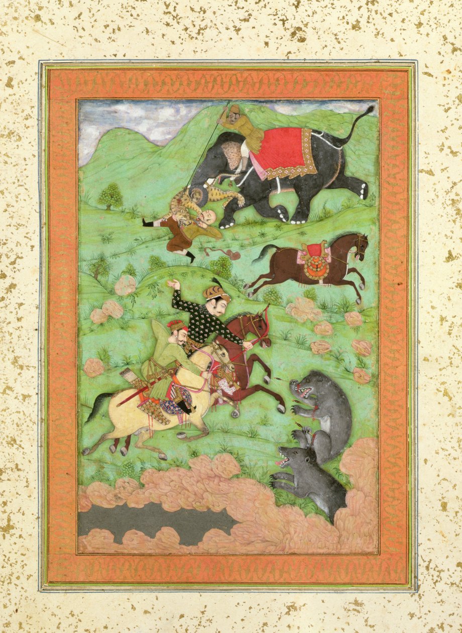 Rajput prinssit metsästävät karhuja; mahout ja hänen norsunsa pelastavat kaatuneen ratsumiehen tiikeristä Large Clive -albumista tekijältä Mughal School