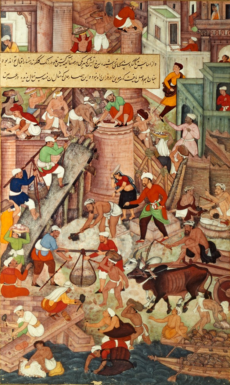 Agran punainen linnoitus rakennusvaiheessa, mogulien Akbarnama-teoksesta. tekijältä Mughal School
