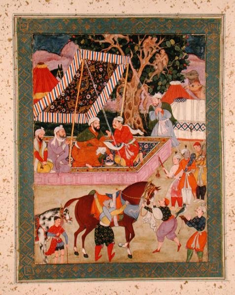 Kohtaus Hawkingin tutkimusmatkalla, Large Clive -albumista, n. 1570 tekijältä Mughal School