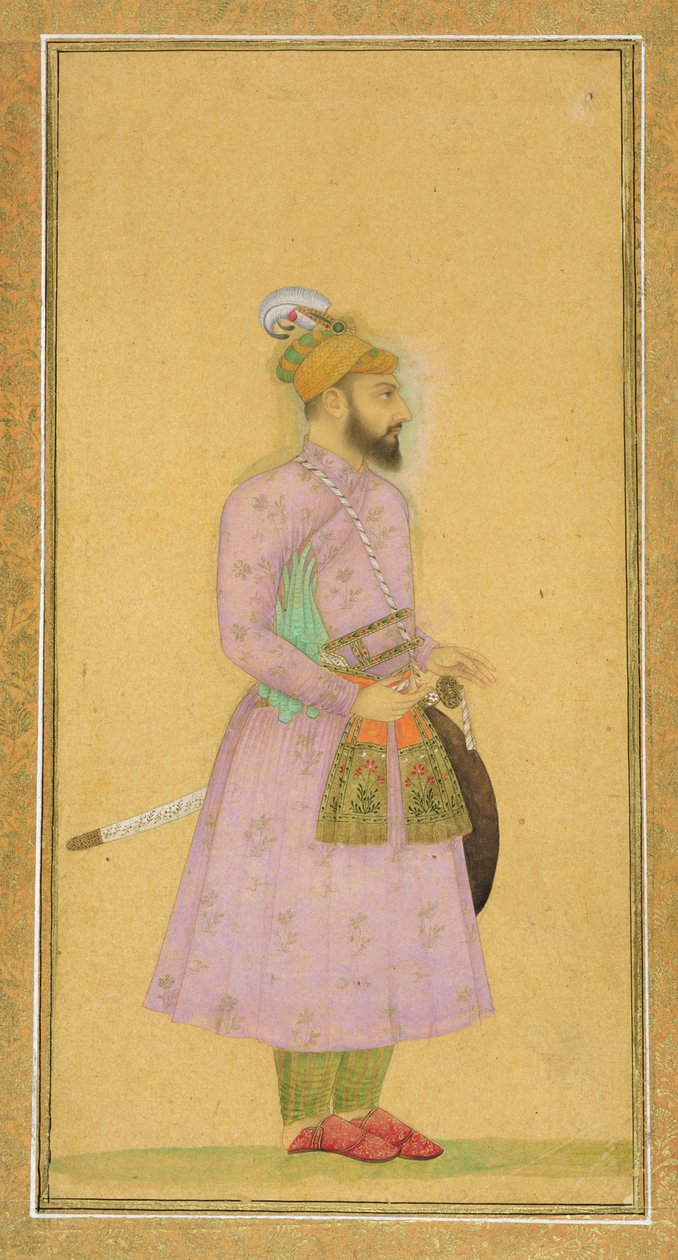 Mughal-prinssin seisova hahmo Small Clive -albumista, n. 1630-1640 (guassi & wc paperilla) tekijältä Mughal School
