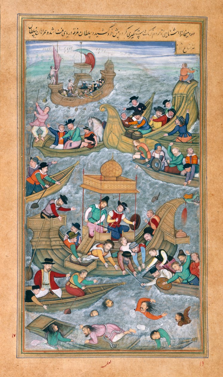 Sulttaani Bahadur ja Rumi Khan hyppäävät mereen portugalilaisten veneiden ympäröimänä Akbarnamasta tekijältä Mughal School