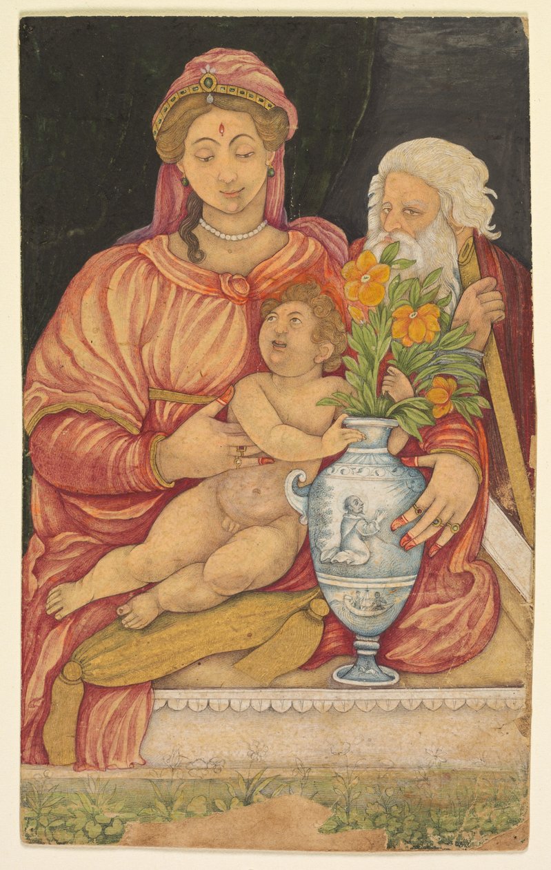 Pyhä perhe, noin 1620-luku (peittävä akvarelli ja kulta paperille). tekijältä Mughal School