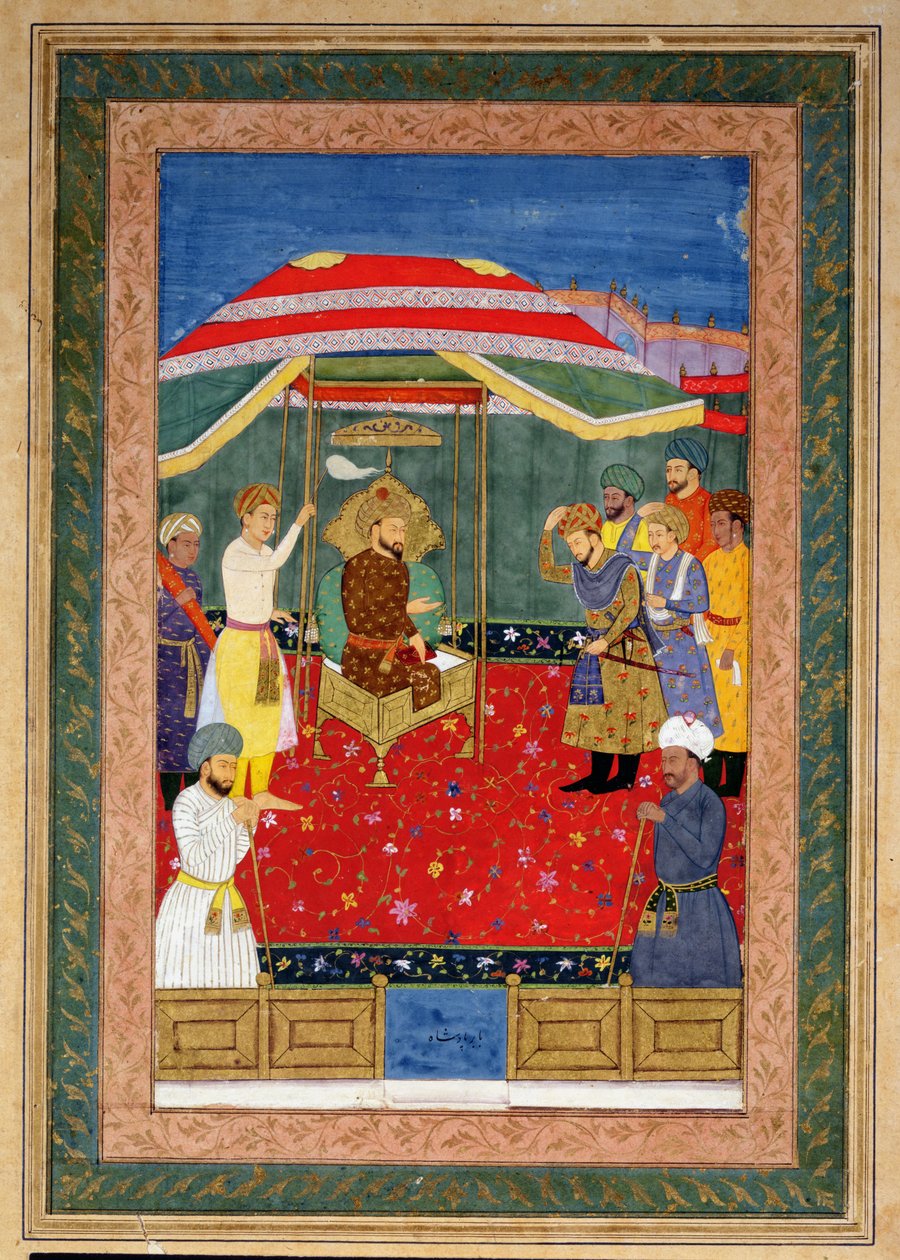 Mughal-keisari Babur (1526-30) istuu valtaistuimella vastaanottamassa prinssiä, Johnson Album I, nro 3 numero 65 tekijältä Mughal School