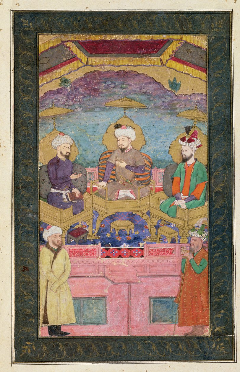 Timur (1336-1405), Babur (1483-1530, r.1526-30) ja Humayan (1508-56, r.1530-56) valtaistuivat yhdessä Large Clive -albumista, c17. alkuperäisestä tekijältä Mughal School
