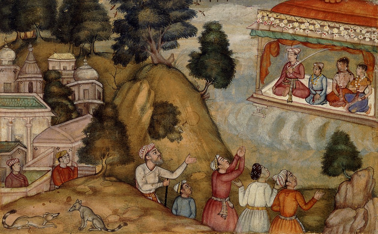 Kyläläiset osoittamassa kunnioitusta miehelle ja hänen perheelleen, jotka istuvat seppeleellä verannalla, n. 1585 tekijältä Mughal School