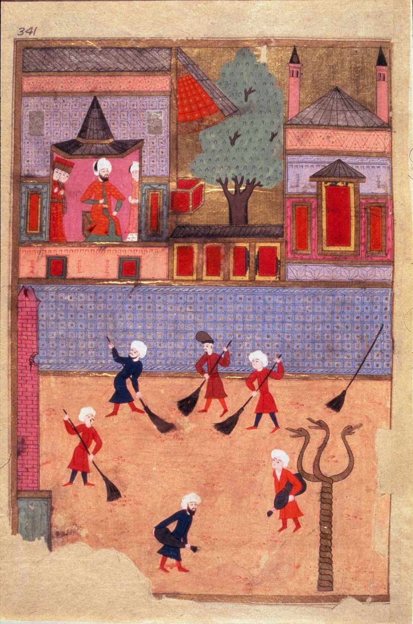 Street Sweepers Sivu otettu lempinimestä i Humayun (Sukunimi i Humayun) tai Osmanin kuvittamasta "Juhlien kirjasta" (ms. hazine 1344, foli. 341 a). noin 1582 (Istanbul) Istanbul, Topkapi Seray tekijältä Mughal School Osman
