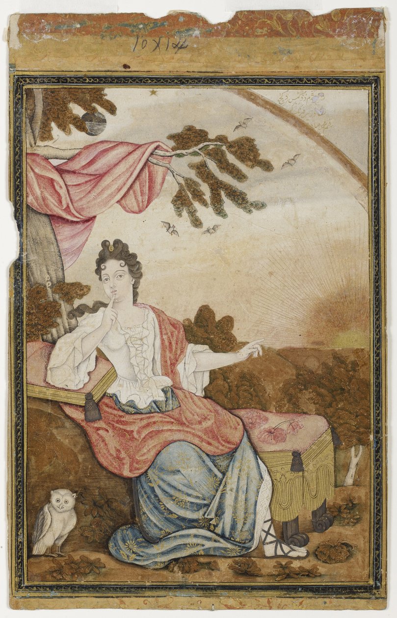 Eurooppalainen nainen istuu oksan alla, pöllö, 1700-32 (läpinäkymätön wc ja kultaa paperilla) tekijältä Muhammad Sadiq