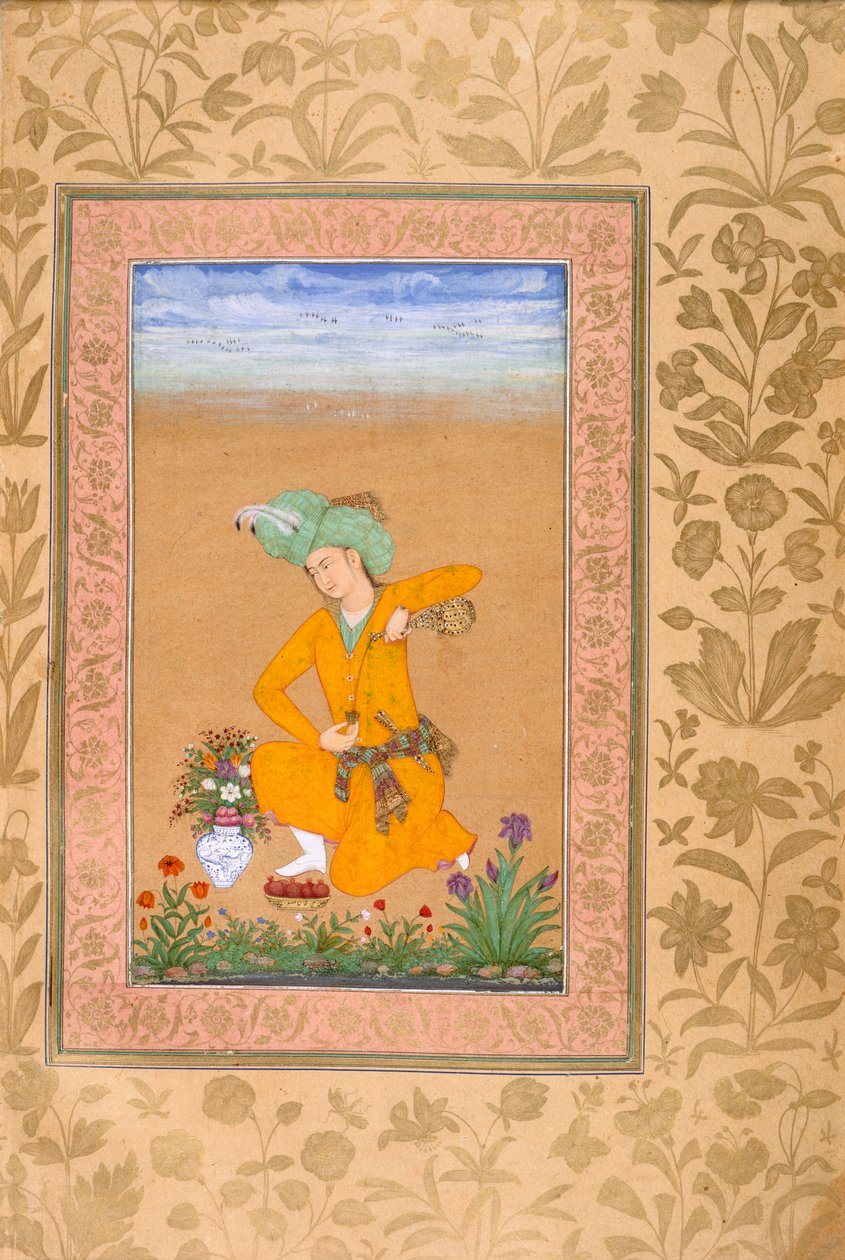 Persialaistyyliseen pukuun pukeutunut prinssi kaatamassa viiniä tekijältä Muhammad Khan