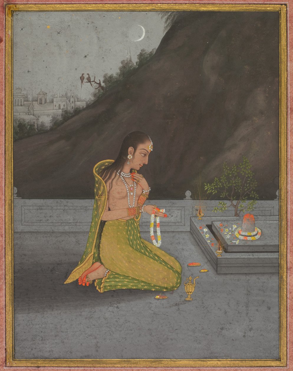 Yöllinen Shiva Puja -kohtaus, n.1760-70 (peittävä akvarelli ja kultaa paperilla). tekijältä Muhammad Riza i Hindi