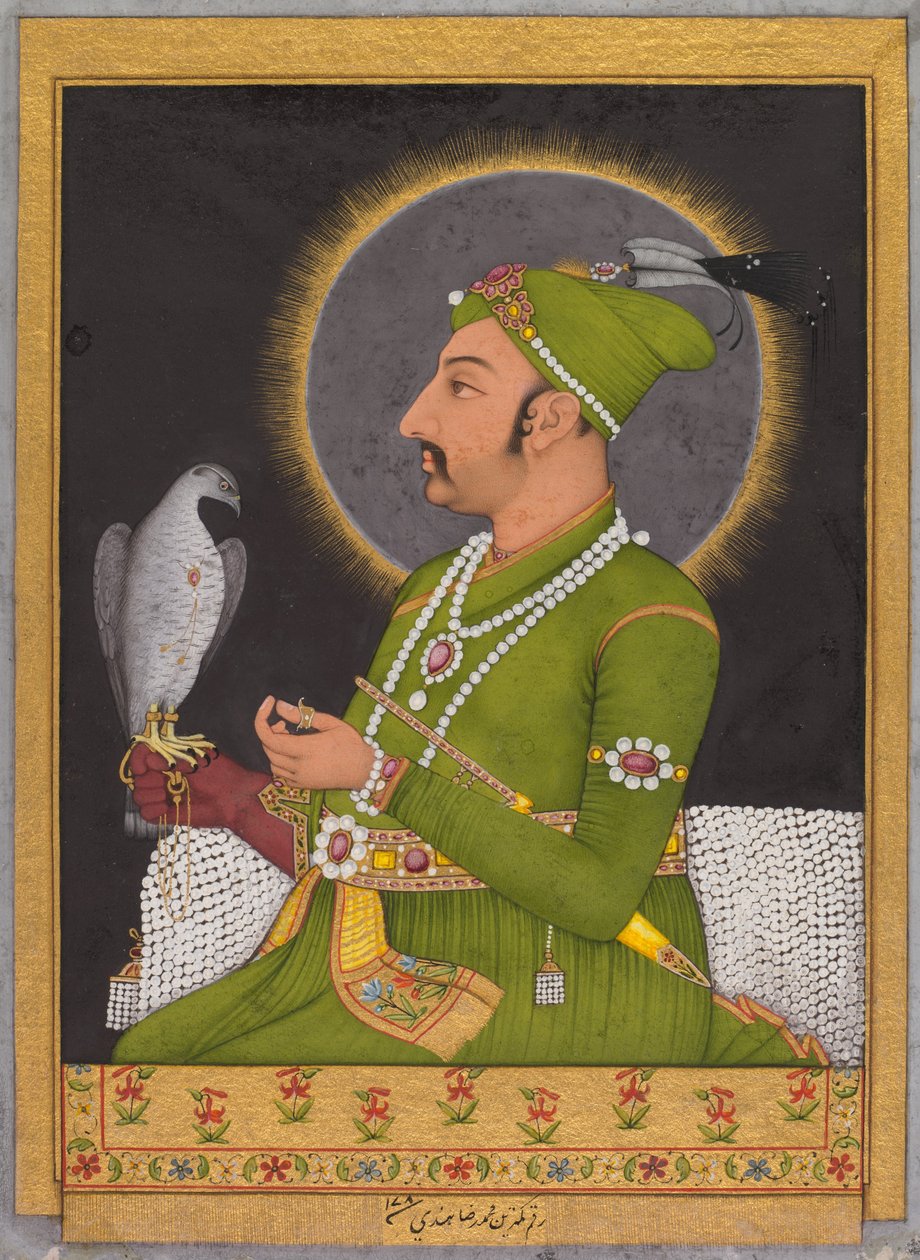 Mogulien keisarin Muhammad Shahin (hallitsi 1719-1748) postuumi muotokuva, jossa hänellä on haukka kädessään. tekijältä Muhammad Riza i Hindi