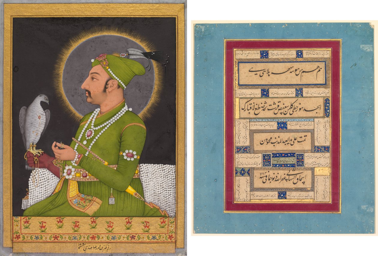 Postuumi muotokuva Mughal-keisari Muhammad Shahista (hallitsi 1719-1748) pitelemässä haukkaa (recto); Kalligrafia (käänteinen) tekijältä Muhammad Rizavi Hindi