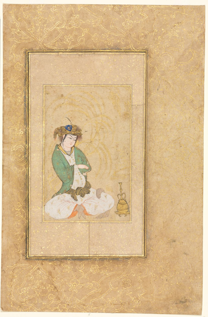 Nuoret istuvat pajun ääressä, yhden sivun kuvitus, n. 1600-1650. tekijältä Muhammad Yusuf