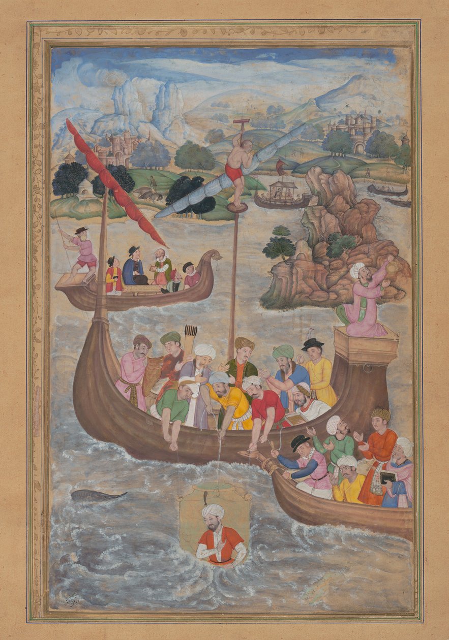 Aleksanteri lasketaan mereen, Folio Amir Khusraun khamsa-kvintetistä..., 1597-98. tekijältä Mukund