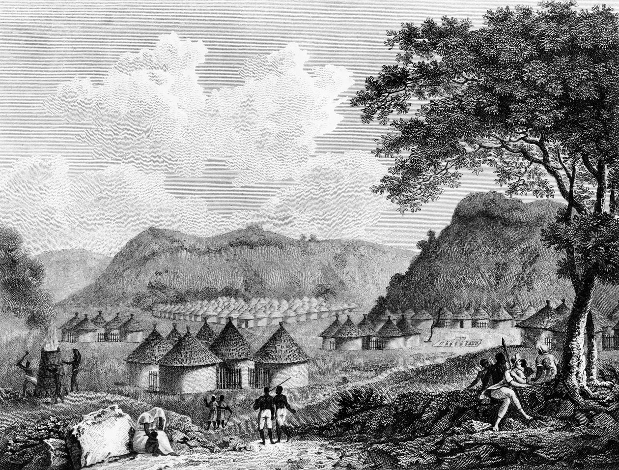 Näkymä Kamalian kylästä teoksesta Travels in the interior districts of Africa, 1799. tekijältä Mungo Park