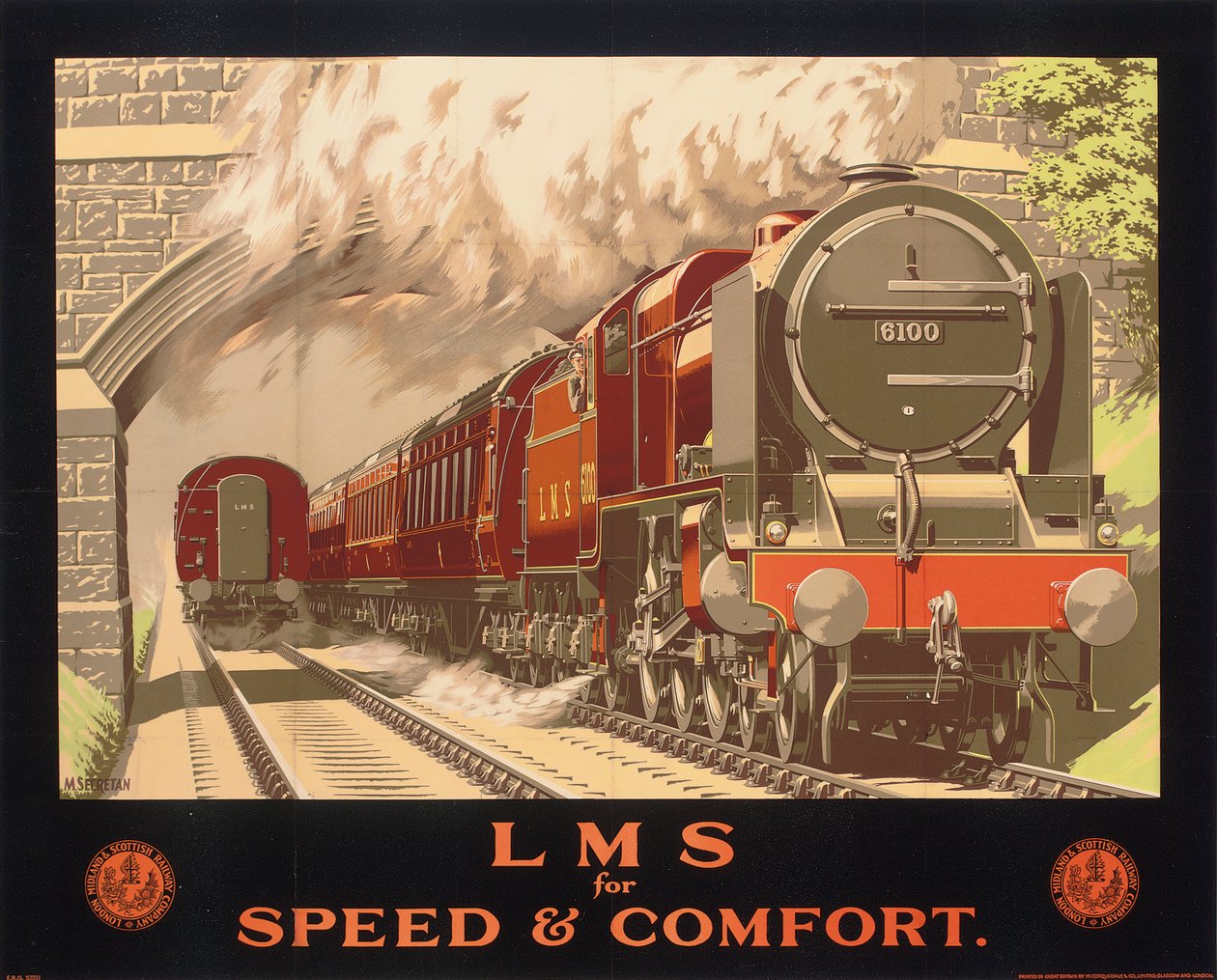 LMS for Speed and Comfort, juliste, joka mainostaa Lontoon, Midlandin ja Scottish Railway -julistetta (värilitho) tekijältä Murray Secretan