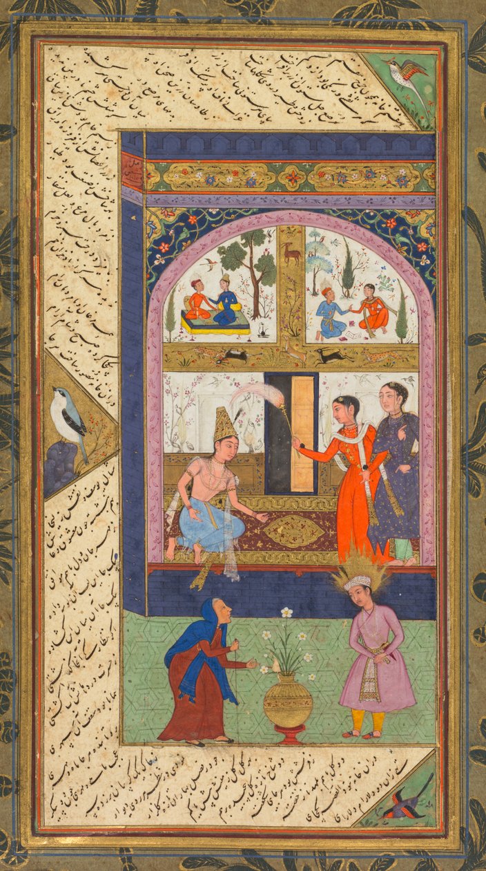 Zulaykha palatsissaan ja vanhana naisena Josephin kanssa Abd al-Rahman Jamin (Persia, 1414–1492) Panj Ganjista (Viisi aarretta); Verso: Abd al-Rahman Jamin (persialainen, 1414–1492) Panj Ganjista, jossa on kaksi masnavia: Yusuf va Zulaykha (Joseph ja Zulay tekijältä Mushfiq