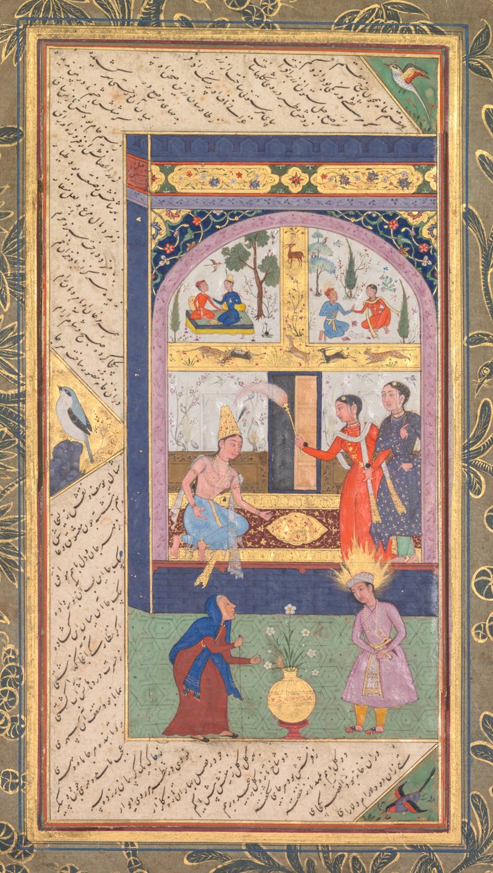 Zulaykha palatsissaan ja vanhana naisena Josephin kanssa, Panj Ganj Five Treasuresista..., 1603-1 tekijältä Mushfiq