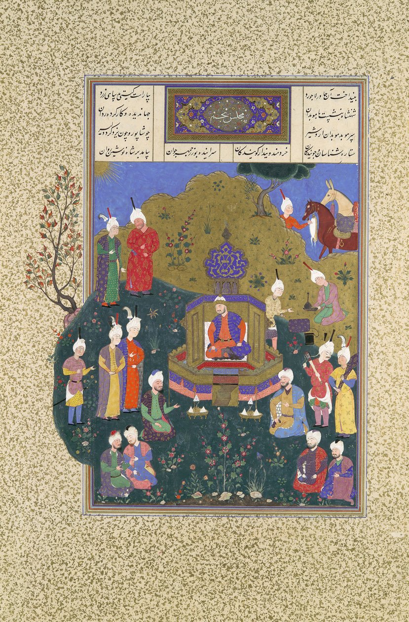 Buzurjmihr esiintyy Nushirvanin viidennessä konventissa, Folio 622r Shahnamasta..., n. 1530-3 tekijältä Muzaffar 