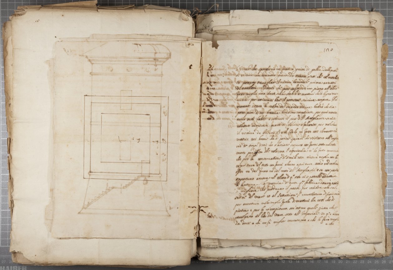 Portfolio Urbinon Mutio Oddin ym. piirustuksista, s. 120, n. 1635-1640 (kynä ja muste paperille sidottussa tilavuudessa) tekijältä Muzio Oddi