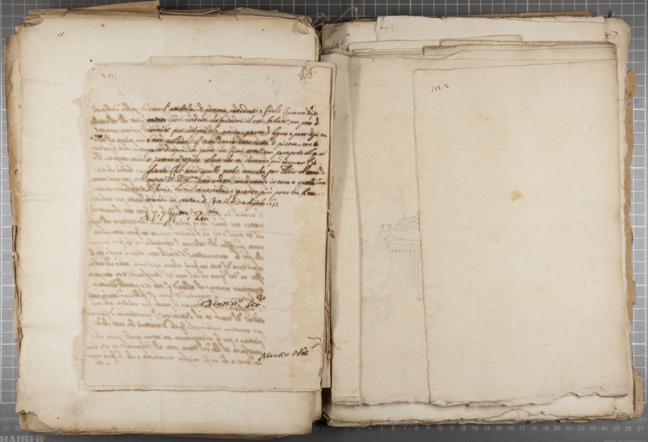 Urbinolaisen Mutio Oddin ja muiden piirustuksia sisältävä salkku, s. 120, kääntöpuoli, n. 1635-40 (kynällä ja tussilla paperille kirjoitettu sidottu nide). tekijältä Muzio Oddi