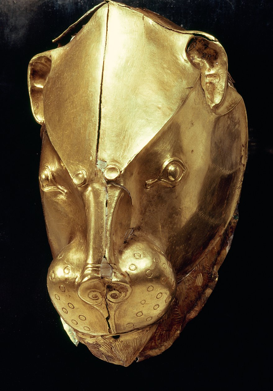 Leijonan pään rytmi, haudasta IV, Grave Circle A, Mycenae (kulta) (katso myös 179999) tekijältä Mycenaean