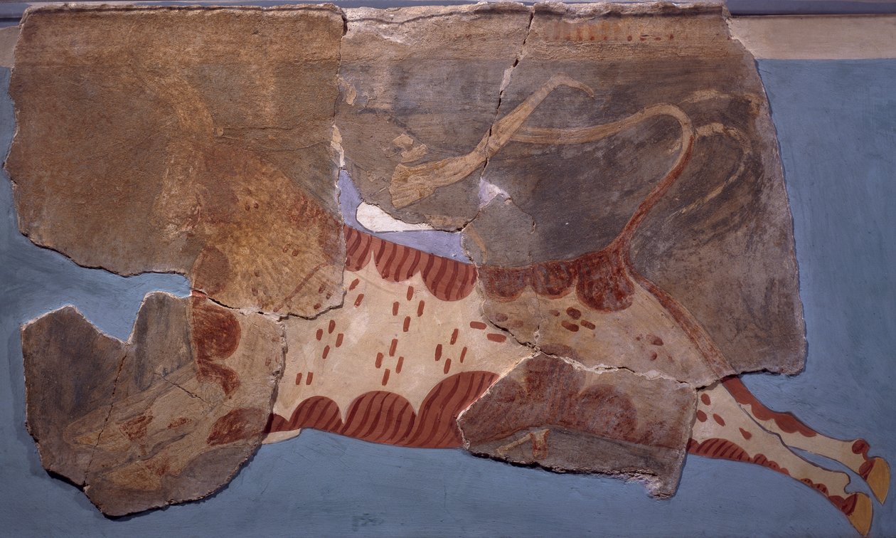 Härkätaistelukohtaus, fresko Tirinto-palatsista, Mykeneen sivilisaatiosta tekijältä Mycenaean