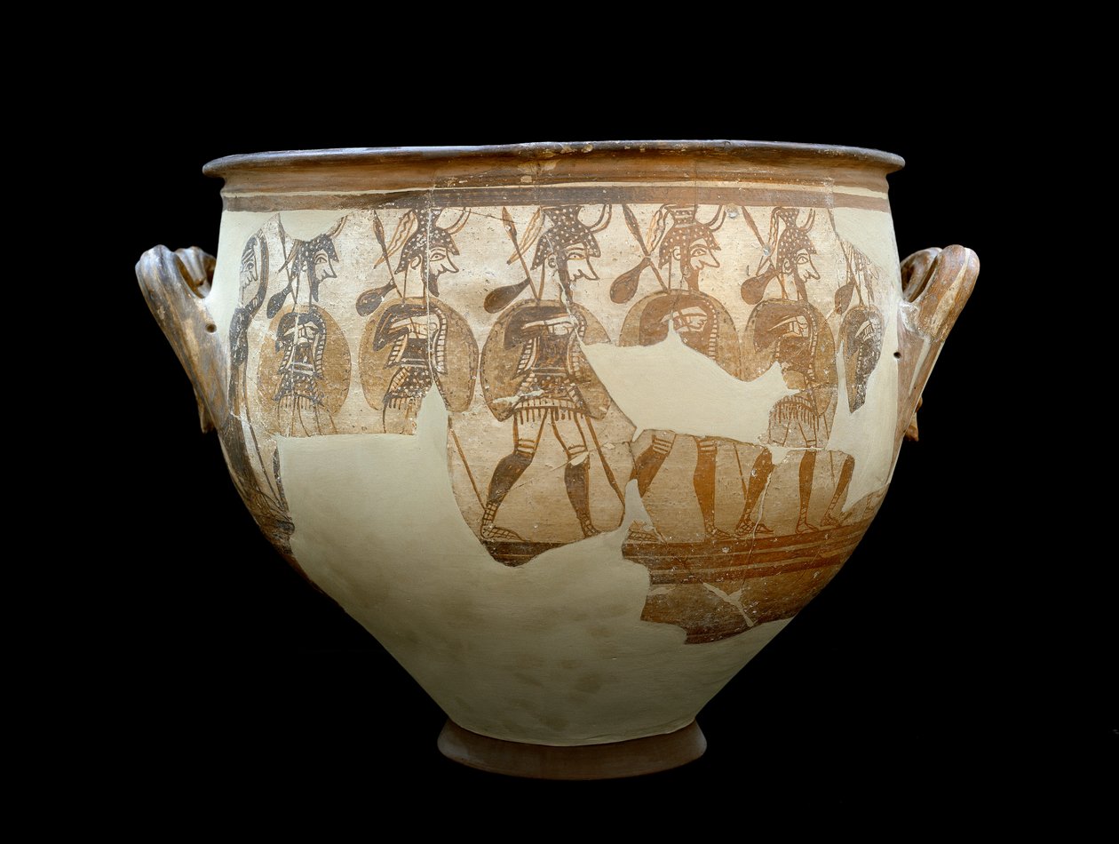 Mycenian sivilisaatio: kraatteri nimeltä Warriors - hautojen ympyrästä A a Mycenes. 1100-luku eKr. - Ateena, kansallinen arkeologinen museo - Mykeneen taidetta: Warriors-kraatteri - Mykeenistä löydetty terrakotamaljakko tekijältä Mycenaean Mycenaean