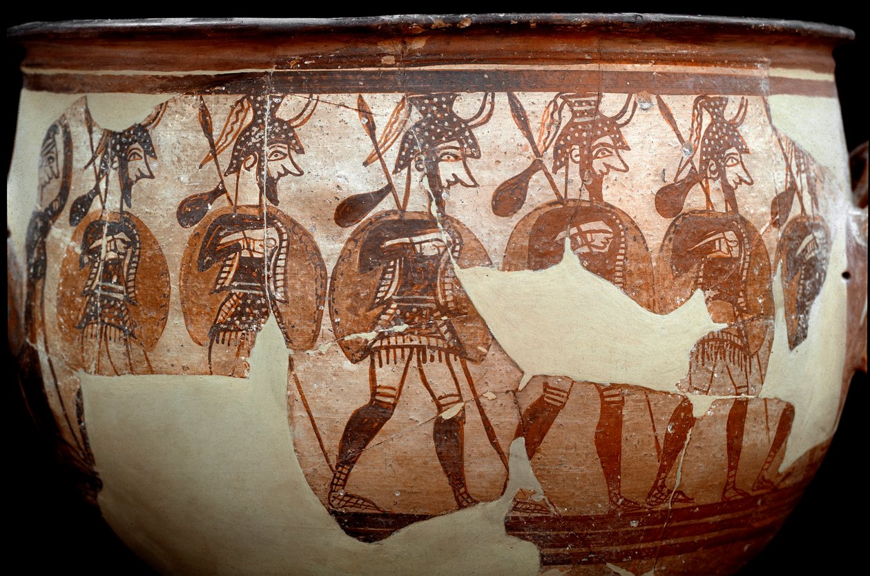 Mycenian sivilisaatio: kraatteri nimeltä Warriors. Hautojen A ympyrästä Mykeneen. 1100-luvulla eaa. Athenes, kansallinen arkeologinen museo - Mykeneen sivilisaation taide: kraatteri nimeltä Warriors-kraatteri. Mykenien hautaympyrästä A. 12. vuosisata tekijältä Mycenaean Mycenaean