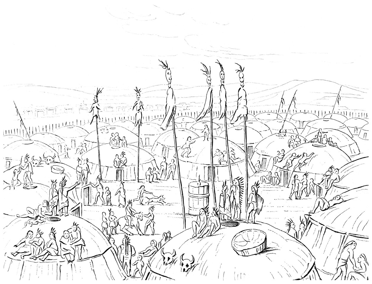 Mandanin kylä, Ylä-Missouri, Amerikka, 1841. tekijältä Myers and Co