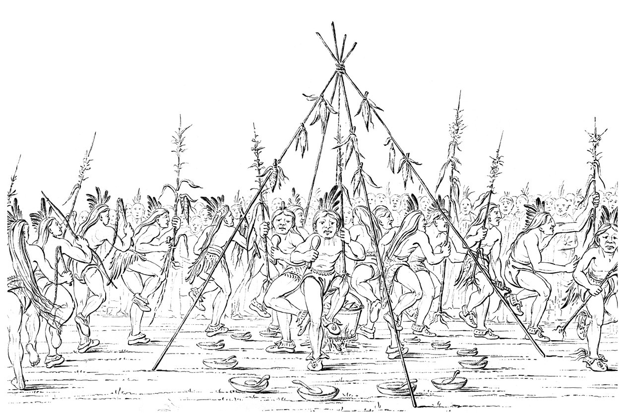 Lääkemiehet tanssivat kattilan ympärillä kiittäen Suurta Henkeä, 1841. tekijältä Myers and Co