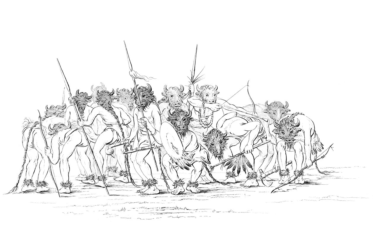 Amerikan intiaanimetsästäjät tanssivat puhvelinaareissa, 1841. tekijältä Myers and Co