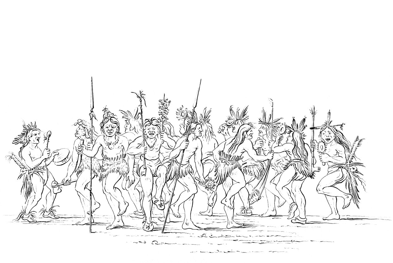 Sioux-heimo esittää kerjäläistanssia, 1841. tekijältä Myers and Co