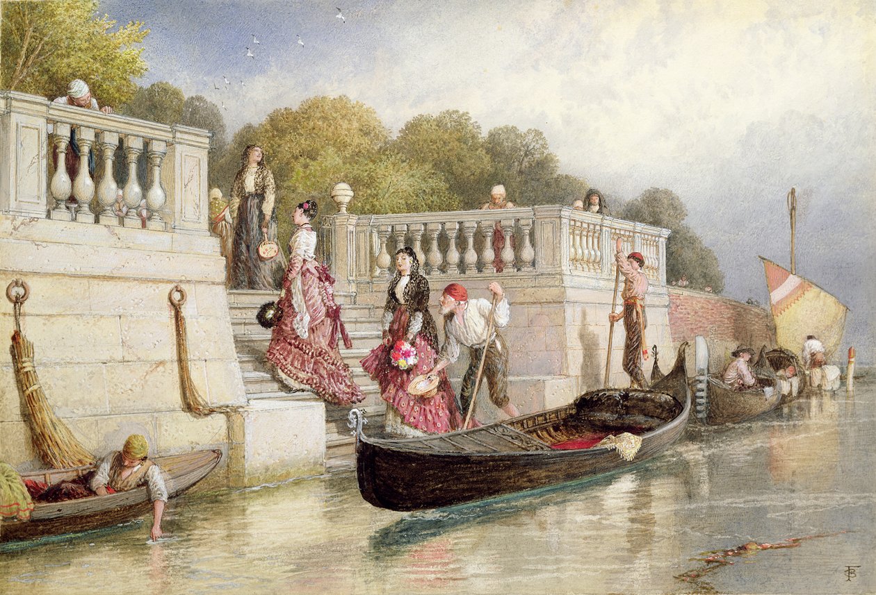 Poistuminen gondolista, Venetsia (wc vartalovärillä paperilla) tekijältä Myles Birket Foster