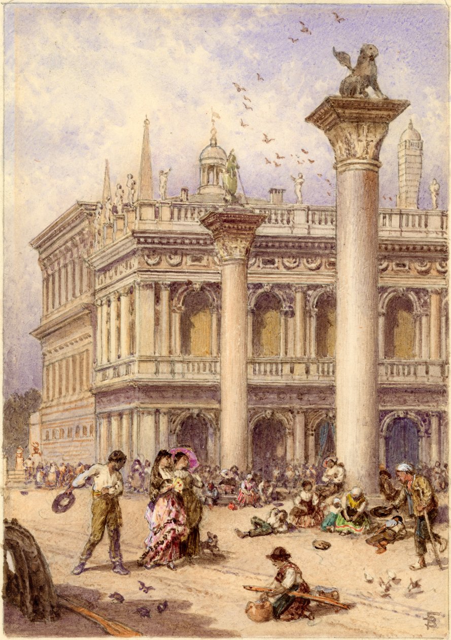 Pyhän Markuksen aukion kirjasto, Venetsia, 1868 (wc laminoidulla levyllä) tekijältä Myles Birket Foster