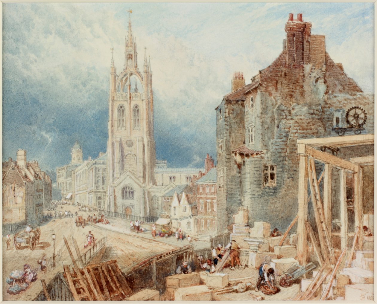 Black Gate ja Pyhän Nikolauksen katedraali, Newcastle (vartaloväri ja akvarelli (ruskea) paperille (liimattu aluksella)) tekijältä Myles Birket Foster