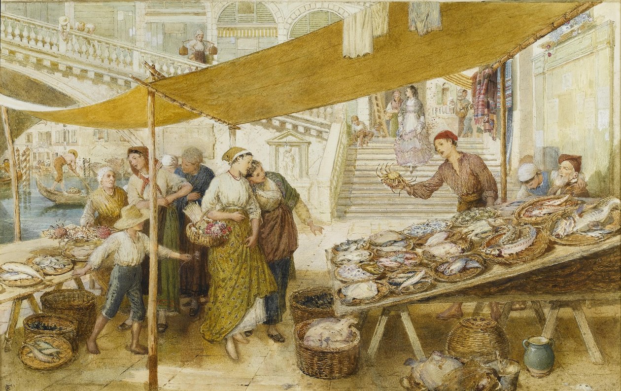 Kalamarkkinat Rialton sillan portailla tekijältä Myles Birket Foster