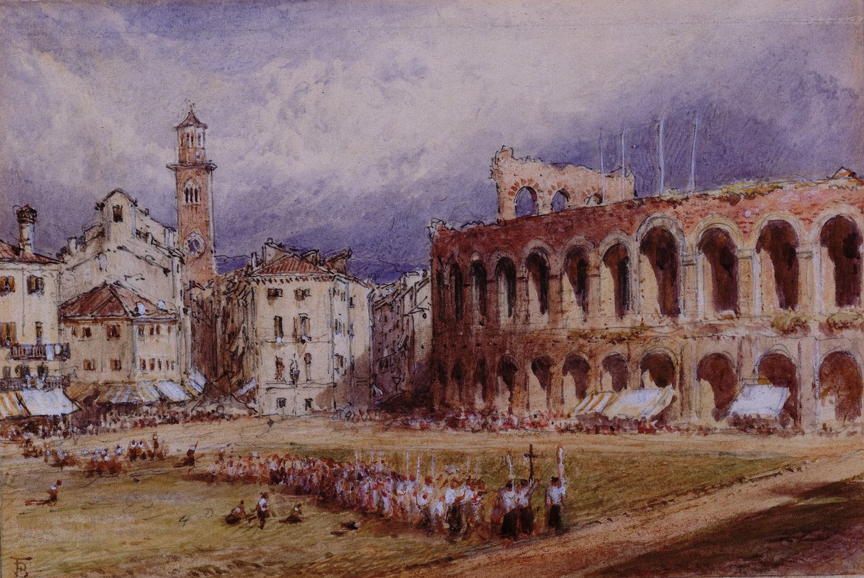 Verona (kynä ja akvarelli kortilla) tekijältä Myles Birket Foster