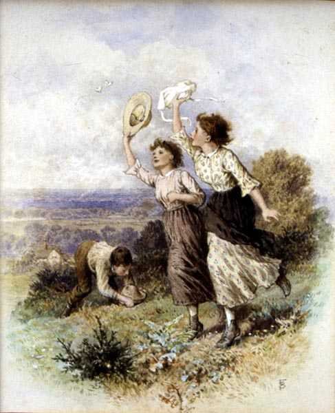 Perhosten pyydystäminen (akvarelli paperille) tekijältä Myles Birket Foster