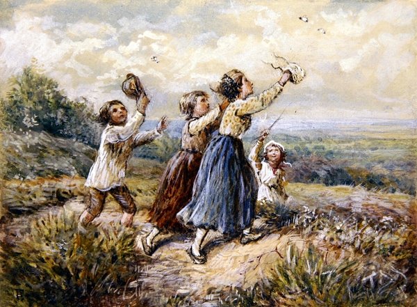 Lapset jahtaavat perhosia (guassi & akvarelli paperille) tekijältä Myles Birket Foster