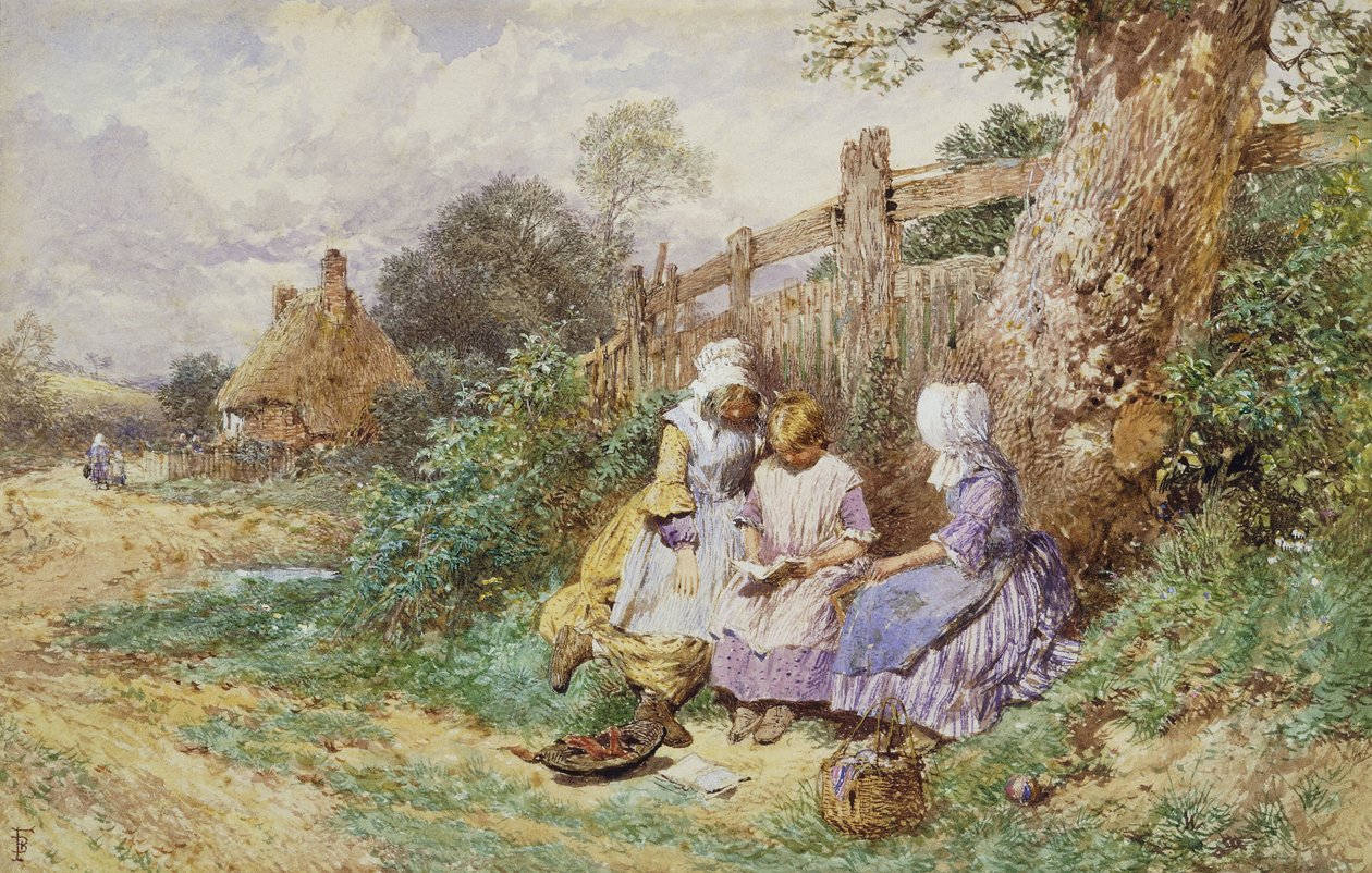 Lapset lukemassa maalaiskadun vieressä, tekijältä Myles Birket Foster