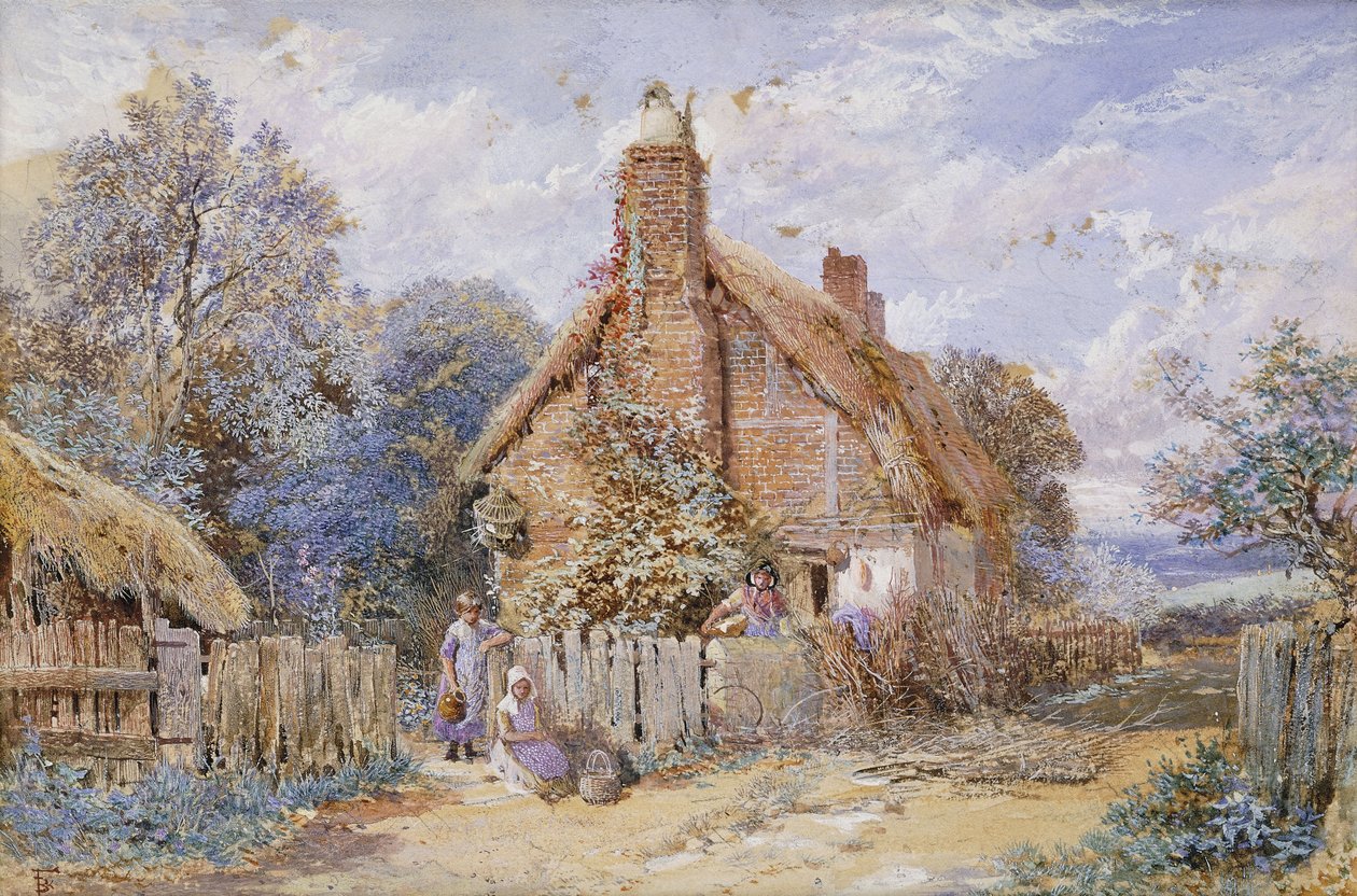 Lapset olkikattoisessa mökissä Chiddingfoldissa, tekijältä Myles Birket Foster
