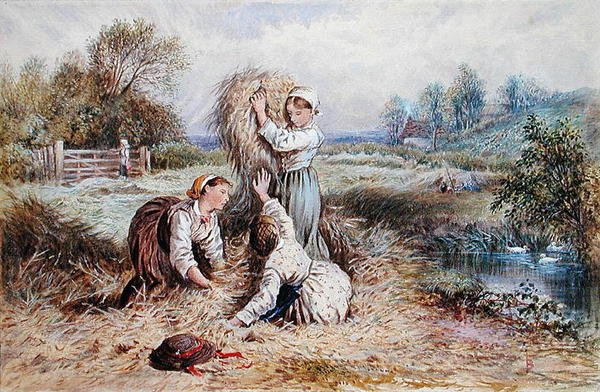 Lapset leikkivät niityllä (akvarelli paperille) tekijältä Myles Birket Foster
